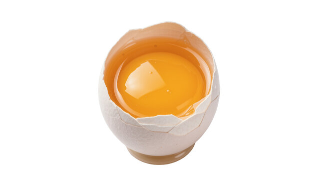 Cracked white eggshell with bright yellow yolk, isolated on transparent background