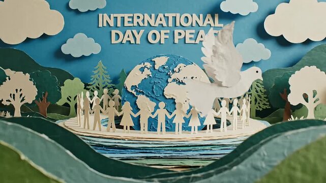 International Day of Peace paper craft animation, white dove flying over paper people holding hands, global unity and world peace concept