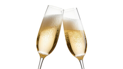 Two champagne flutes clinking with bubbly golden liquid, isolated on transparent background © Cian