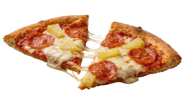 Two slices of pepperoni and pineapple pizza with melted cheese, isolated on transparent background
