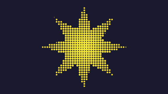 Dark blue background, featuring a central, star shape formed, by a gradient, of small black, dots that are, denser in the, middle area