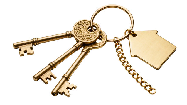 Three ornate brass keys with a house-shaped charm on a keyring, isolated on transparent background