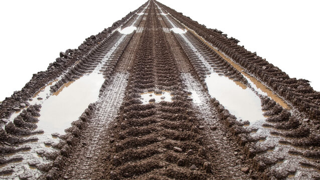 Muddy tire tracks with puddles of water, isolated on transparent background