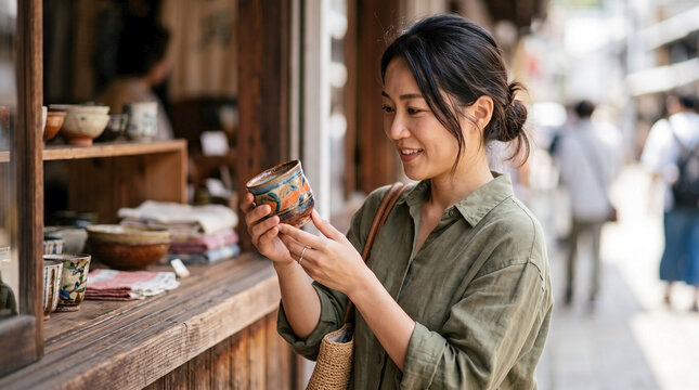 Japanese woman smiling, buying traditional pottery souvenirs from a local artisan shop on a heritage street for travel blogs, cultural websites, and tourism content