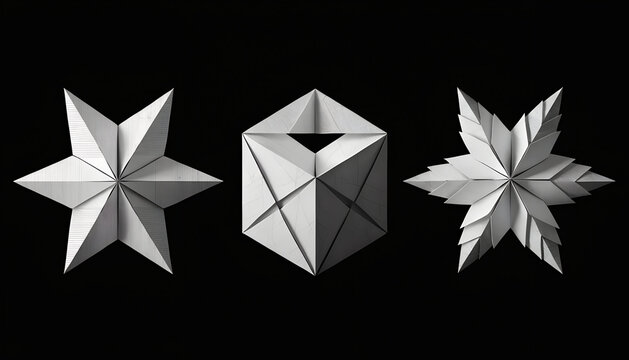 Geometric origami paper stars and 3D polygon shapes, white folded paper sculptures on black background, minimalist paper craft art collection