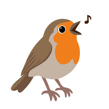Cute Singing European Robin Bird with Music Note Illustration