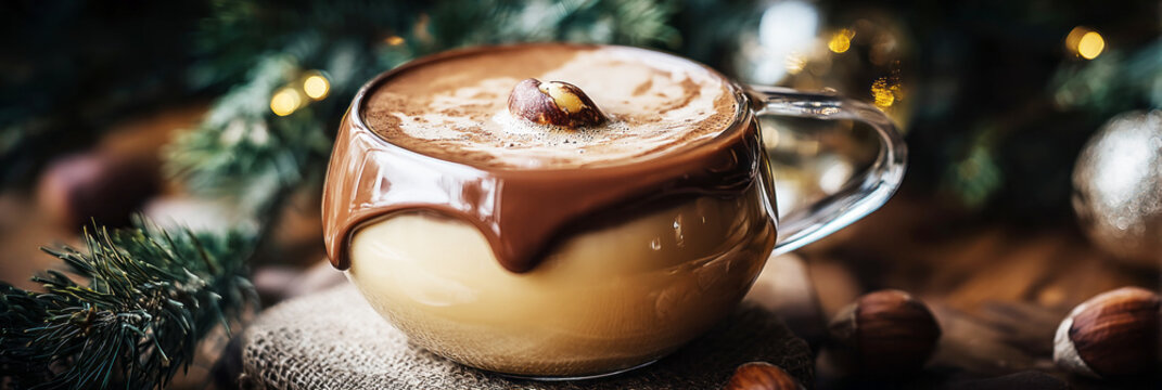 The dessert sits on a plate in a cafe. The creamy milk chocolate mousse features a shiny mirror glaze. Sparkling powdered sugar adds a finishing touch