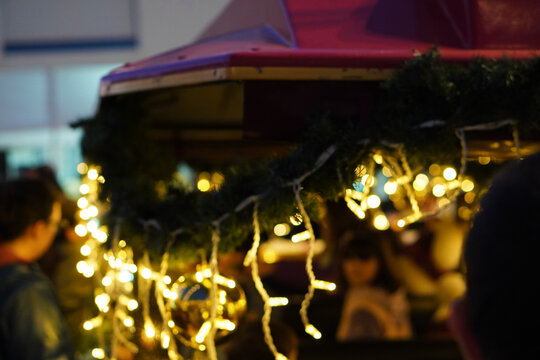 Christmas, travel, and vacations. Blurred background of a Christmas market stall