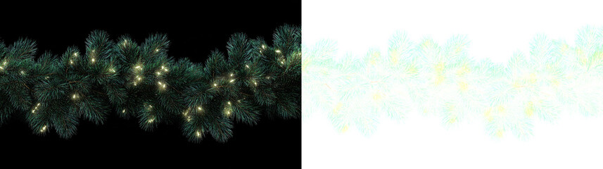 Fototapeta premium Christmas tree garland PNG. Realistic Christmas wreath with glowing string lights. Christmas decoration and ornament.