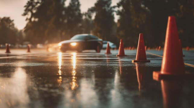 Car on wet road with traffic cones at sunset.