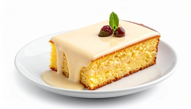 slice of sweet moist sponge cake topped with white icing