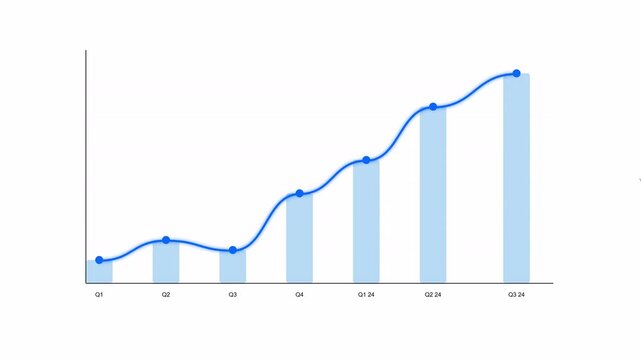 A blue bar chart with a trend line showing growth and progress over time.
