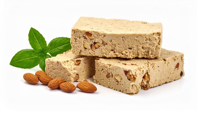 sweet traditional sesame halva dessert slices with roasted almonds