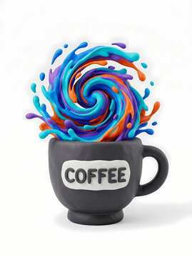 A creative clay style coffee cup with a colorful liquid splash explosion.