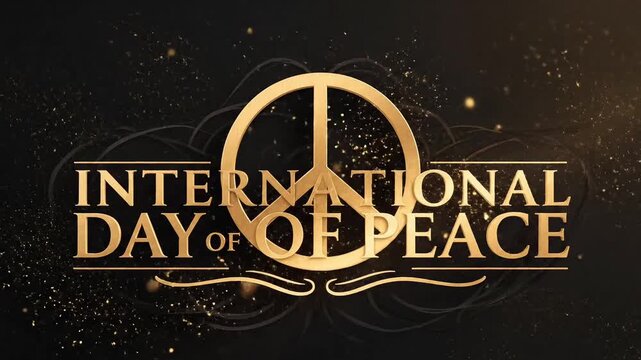 International Day of Peace elegant gold typography, golden peace symbol on black background, luxury celebratory motion graphic for global harmony