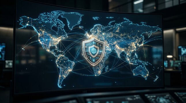 A curved monitor displays a glowing digital world map featuring a central security shield symbol, illustrating the concept of global vpn protection and network cybersecurity