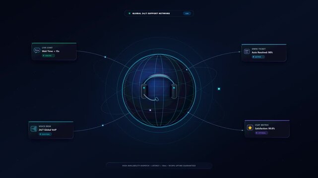 Futuristic global customer support network interface with digital headset icon and data analytics.