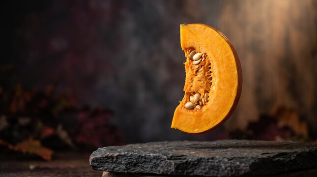 Autumn season abstract background design new 2026 Freshly sliced butternut squash on a dark rock surface with natural background illustration