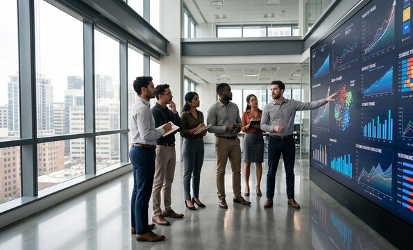 Corporate Team Analyzing AI Data on Interactive Digital Screen
