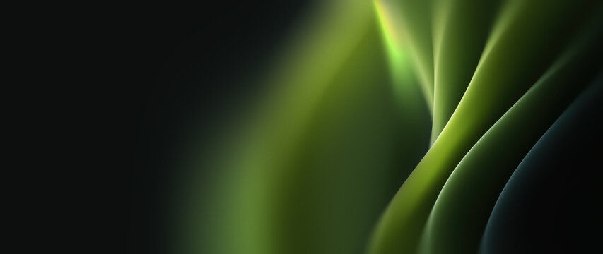 Abstract dark background with fluid glowing green wave and copy space