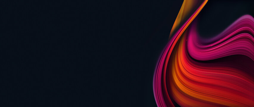 Abstract Dark Panoramic Background with Copy Space and Vibrant Fluid Wave on Right Side