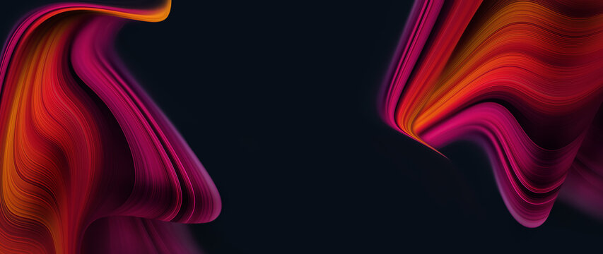 Abstract Dark Panoramic Background with Copy Space and Vibrant Swirling Fluid Ribbons on Both Sides