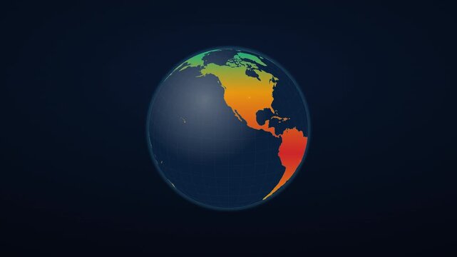 Rotating earth globe heat map with thermal color gradient and grid