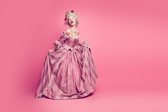 Photo of pretty flirty countess lady marie antoinette touch wearing antique style clothes look empty space isolated pastel color background