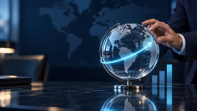Businessman s hand touching glowing globe with upward trending arrow and bar graph symbolizing global growth and financial success in a modern office.