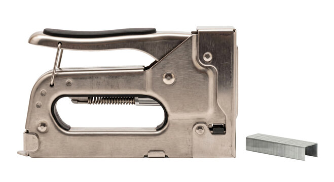 Heavy duty staple gun with a box of staples on a white background