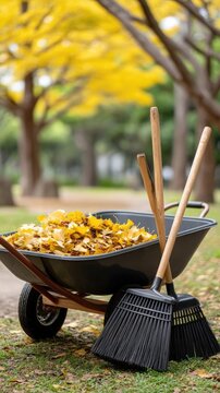 A wheelbarrow loaded with colorful leaves rests beside a walkway in a serene garden during the fall season, amidst scattered foliage