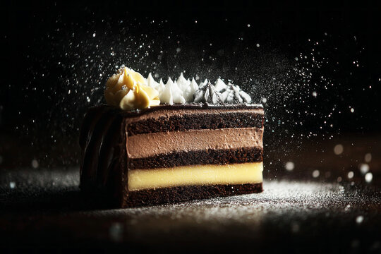 A dessert with layers of chocolate mousse sits on a dark surface. Powdered sugar dust is sprinkled around the dessert. It is well-presented for dessert lovers