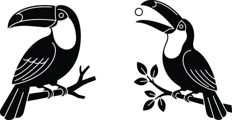 Pair of toucan bird icons perched on leafy branches for logo use. © Shoaib