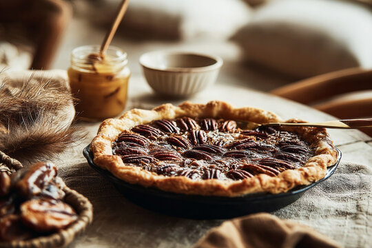 A cast-iron pot holds an open pie filled with beef and red wine topped with mashed potatoes. A glass of brown drink sits nearby on the table with a rustic setting
