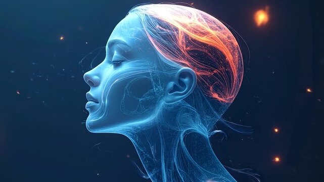 Digital profile of woman with glowing ear pain illustration