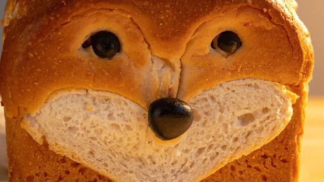 Shiba Inu dog shaped sourdough bread loaf on wooden table.