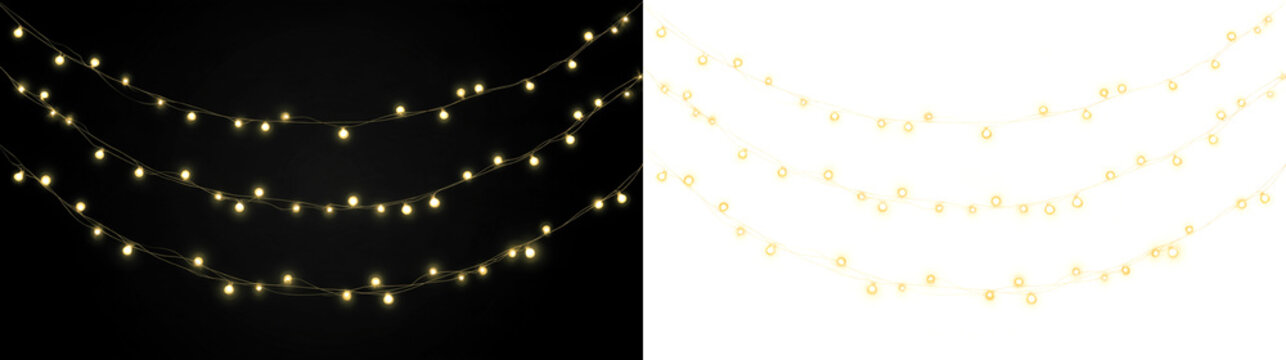 Christmas string lights on a transparent background. String lights with glowing golden bulbs. Christmas string lights PNG. Christmas decoration.