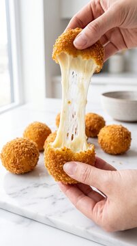 Close up of hands pulling apart a fried cheese ball showing a long stretchy cheese pull on a marble surface
