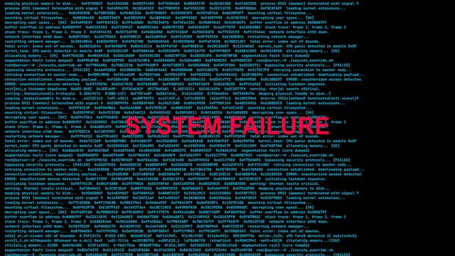 System Failure Alert Flashing Over Corrupted Blue Kernel Memory Dump with Digital Glitch Noise on Screen