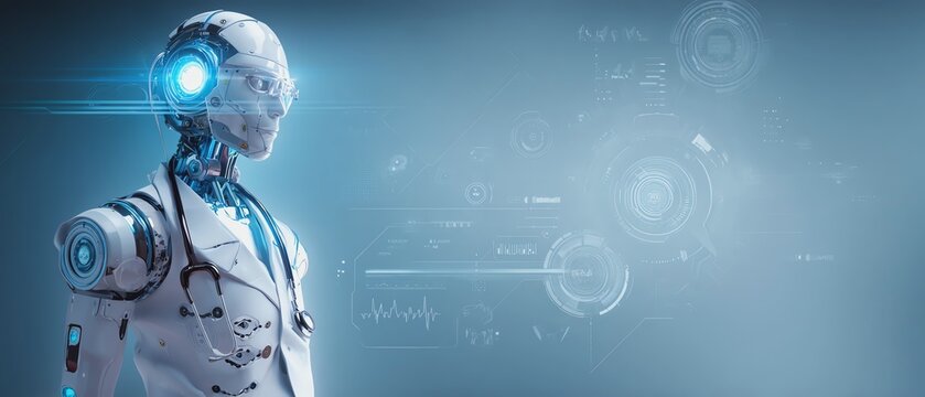 Futuristic robot with medical features and interface.