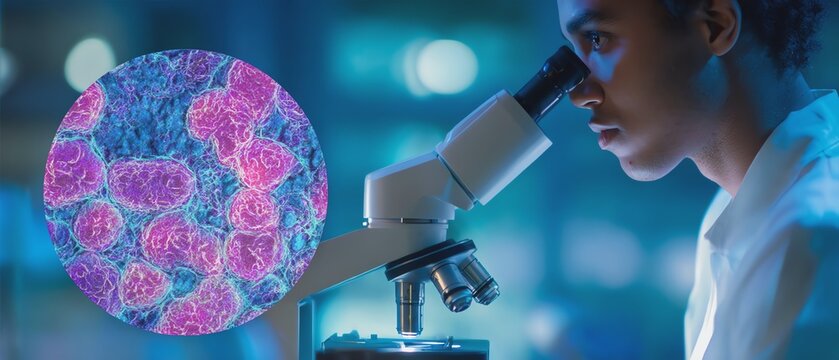 Microscope observation of vibrant cell structures.