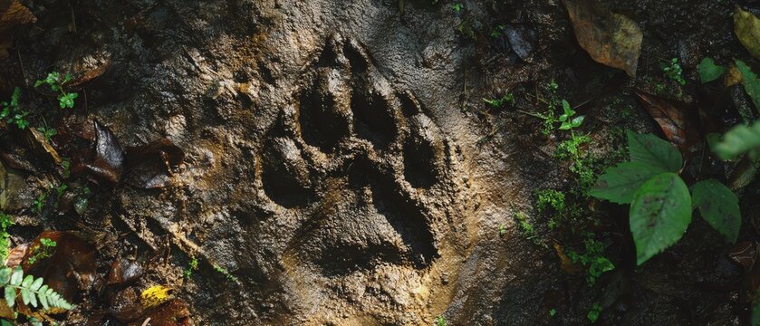 Wild animal paw print on forest ground.