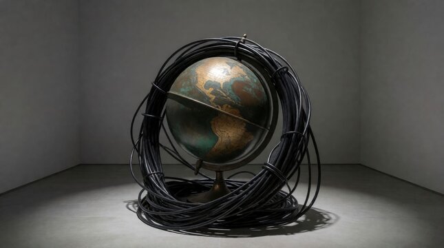 Vintage terrestrial globe wrapped in black electrical cables isolated against a plain grey background