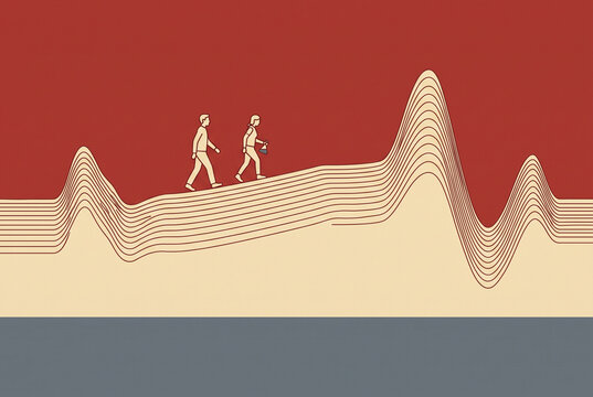 Topographic contour lines with hikers in minimal vector landscape