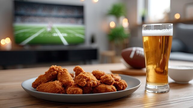 Crispy chicken wings sit on a plate beside a tall glass of beer, with a sports game playing on the television in a warm setting