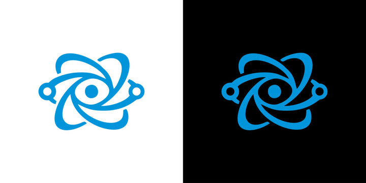 Blue abstract science atom logo design vector illustration isolated on white and black background