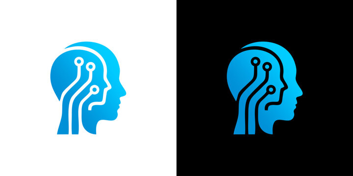 Artificial Intelligence AI Human Head with Digital Brain Circuitry Technology Concept Icon Set in Blue on White and Black Background