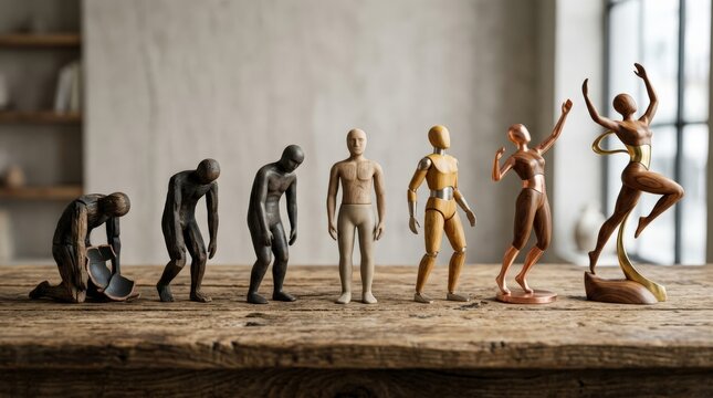 A line of wooden human figures representing evolution, showing a theme of burnt matches row burnout on a rustic table inside a room with blurred background, underscoring the human evolution