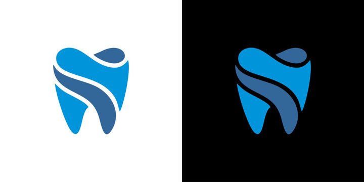 Modern dental care logo design featuring a blue tooth icon with a flowing wave shape, presented in light and dark background variations for clinic branding