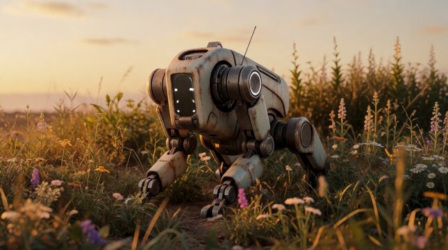 Robotic quadruped machine walking through a wild flower meadow during a golden hour sunset.